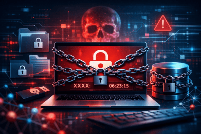 5 Serangan Ransomware Terbesar dan Pelajaran yang Bisa Dipetik Ilustrasi serangan ransomware dengan simbol gembok digital pada layar komputer