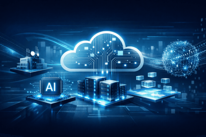 Ilustrasi teknologi cloud computing dengan elemen AI dan edge computing untuk bisnis di 2025