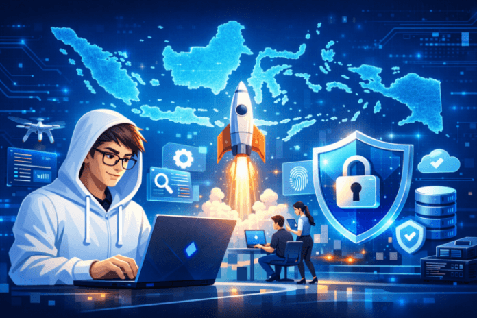 Ilustrasi teknologi digital, keamanan data, startup, dan peta Indonesia terkait regulasi digital