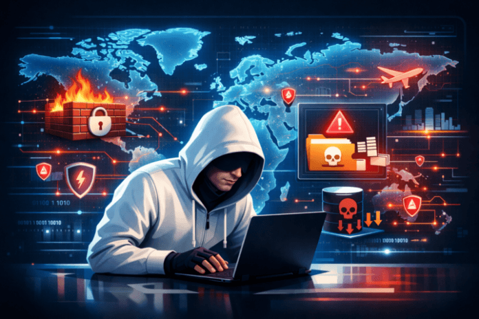 Peta dunia digital dengan simbol serangan siber yang menggambarkan tren serangan siber global
