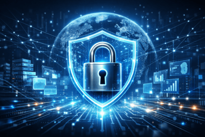 Ancaman Siber 2025: Bagaimana Cara Melindungi Data Anda? Ilustrasi simbol keamanan data digital dengan gembok dan jaringan siber futuristik