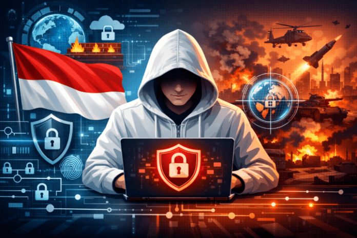 Ilustrasi keamanan siber dengan bendera Indonesia dan ikon pertahanan digital di latar ketegangan internasional