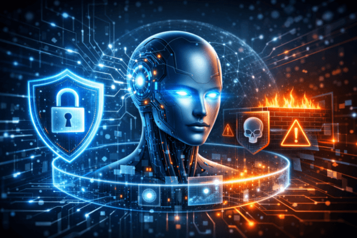 Ilustrasi AI melindungi jaringan keamanan siber dengan teknologi canggih