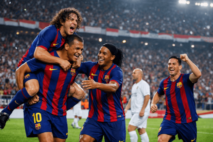 Pertandingan sepak bola antara Barcelona Legends melawan DRX di Gelora Bung Karno dengan pemain Barcelona merayakan gol
