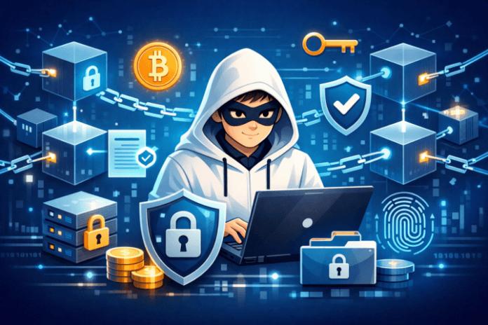 Ilustrasi teknologi blockchain yang mengamankan transaksi digital dengan blok saling terhubung dan simbol kriptografi