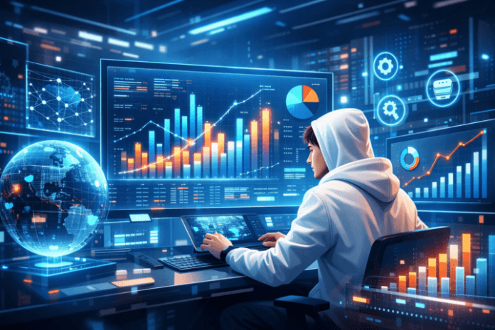 Visualisasi data analytics sebagai pilar utama dalam transformasi IT modern dengan grafik dan data digital