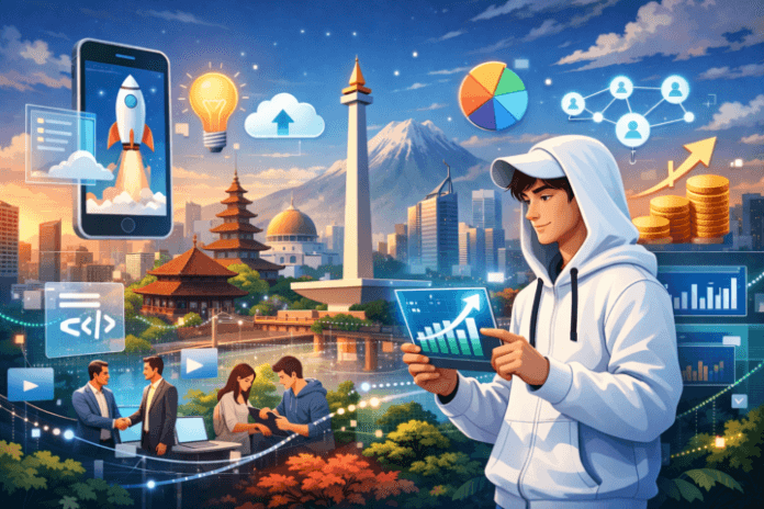 Ilustrasi kota di Indonesia dengan ikon teknologi dan startup yang melambangkan ekosistem digital yang berkembang