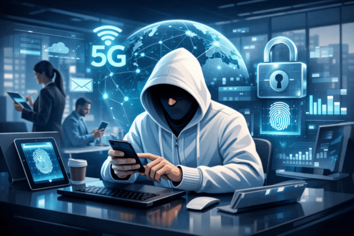 Profesional bisnis menggunakan perangkat mobile dan teknologi digital dalam lingkungan kantor modern