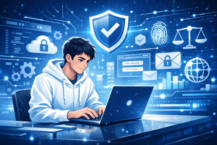 Developer perangkat lunak bekerja dengan latar belakang simbol kebijakan digital dan teknologi