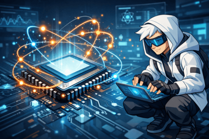 Ilustrasi chip komputer futuristik dengan getaran atom sebagai simbol pengolahan data hemat energi.