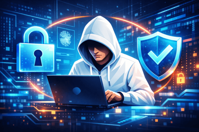 Ilustrasi keamanan data dengan gembok dan ikon perisai pada latar belakang teknologi digital