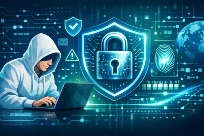 Ilustrasi keamanan siber dengan gembok digital melindungi jaringan teknologi