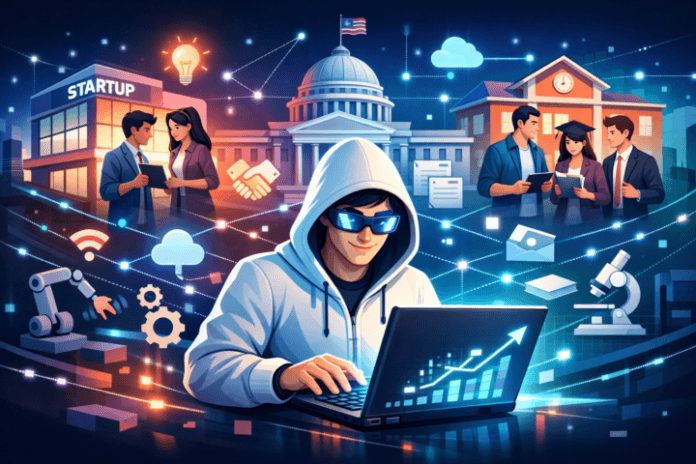 Ilustrasi kolaborasi antara startup, pemerintah, dan institusi pendidikan dalam ekosistem IT berkelanjutan