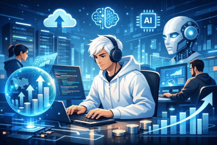 Pengembang IT bekerja mengembangkan teknologi untuk pertumbuhan ekonomi digital