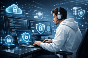 Home Baru 4 Ilustrasi pengembang software sedang membangun aplikasi yang aman dan efisien dengan elemen keamanan digital