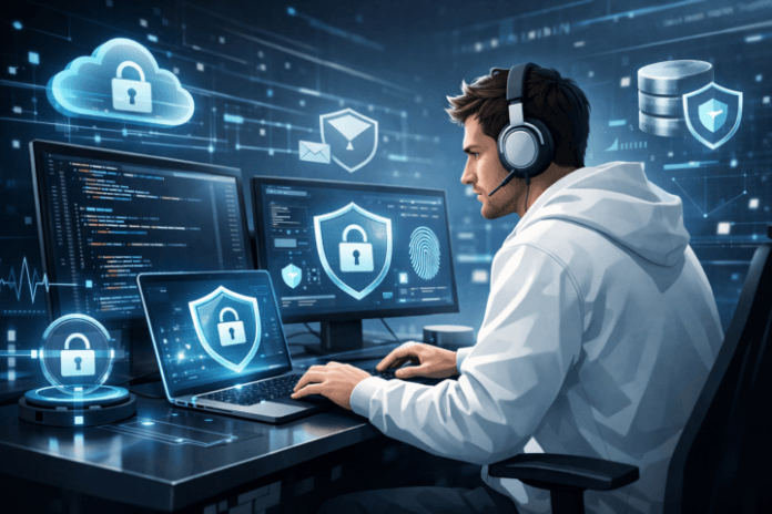 Ilustrasi pengembang software sedang membangun aplikasi yang aman dan efisien dengan elemen keamanan digital