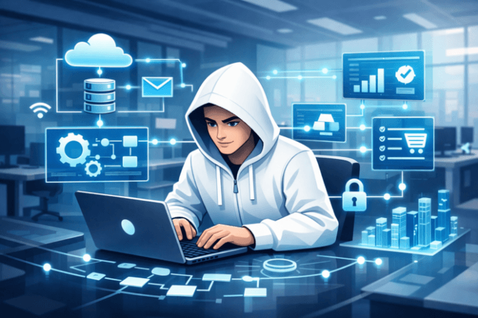 Ilustrasi integrasi sistem IT dengan jaringan digital terhubung dan alur kerja bisnis