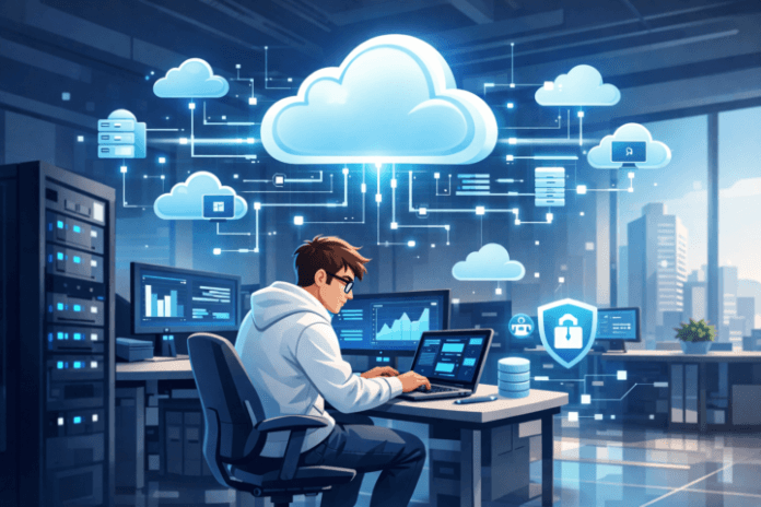 Ilustrasi teknologi cloud computing yang mengoptimalkan infrastruktur IT di kantor modern