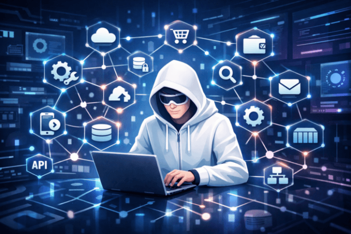 Ilustrasi arsitektur teknologi microservices dengan layanan kecil terhubung