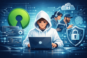 Home Baru 5 Ilustrasi open source dalam IT modern dengan kode sumber dan simbol kolaborasi
