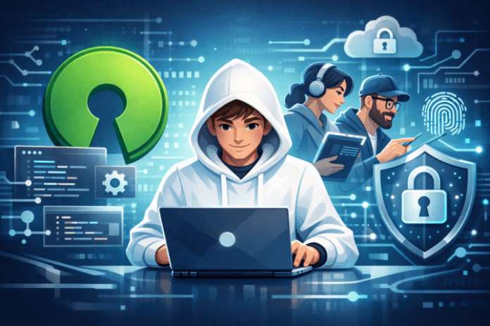 Ilustrasi open source dalam IT modern dengan kode sumber dan simbol kolaborasi