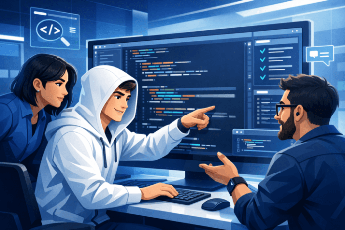 Tim pengembang melakukan code review bersama di depan komputer dengan kode program terlihat di layar