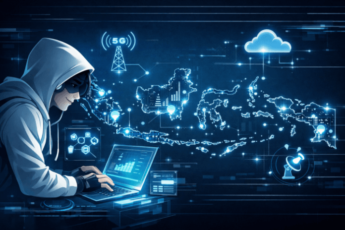 Ilustrasi peta infrastruktur digital Indonesia dengan ikon teknologi seperti 5G dan IoT