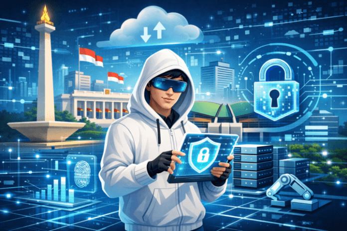 Ilustrasi teknologi cloud computing dengan latar gedung pemerintah Indonesia dan jaringan digital