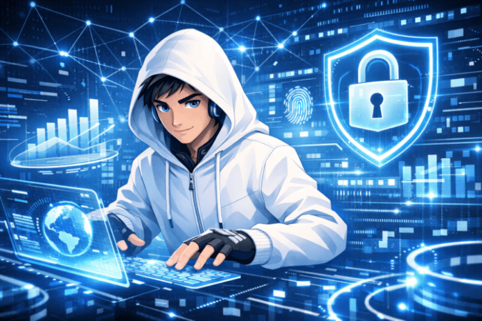 Ilustrasi big data dan inovasi IT dengan grafik digital dan ikon keamanan