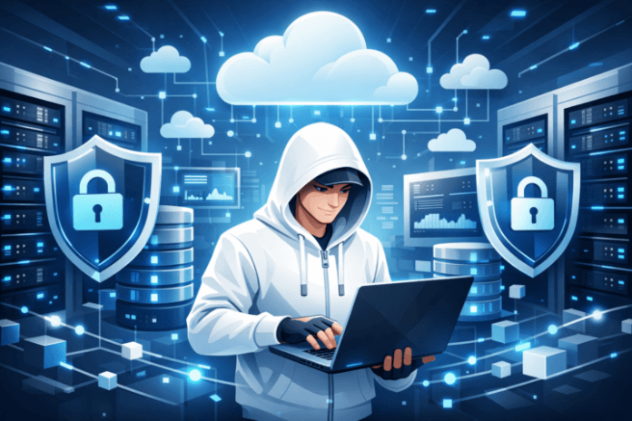 Ilustrasi arsitektur IT yang skalabel dan aman dengan server, cloud computing, dan simbol keamanan