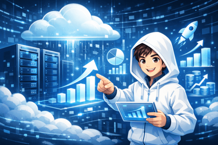 Ilustrasi inovasi teknologi di era cloud computing dengan simbol server cloud dan pertumbuhan bisnis