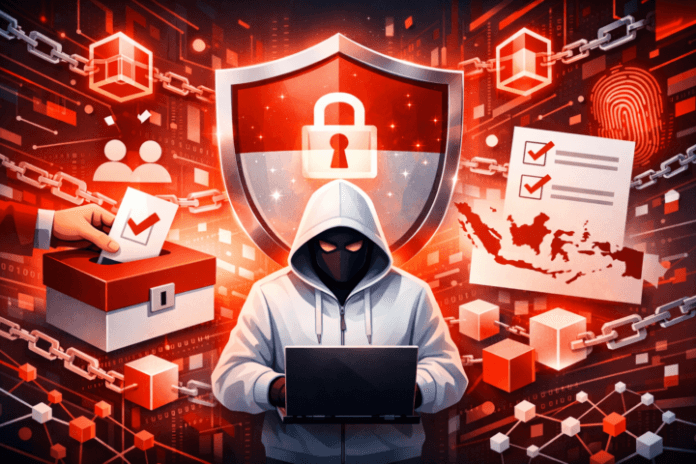 Ilustrasi keamanan siber melindungi proses pemilu di Indonesia dengan ikon voting dan teknologi blockchain