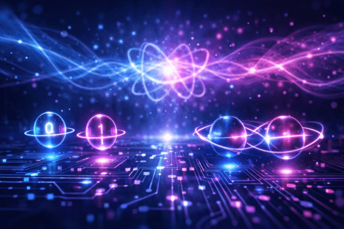 Ilustrasi komputasi kuantum dengan qubit bercahaya dan sirkuit digital futuristik