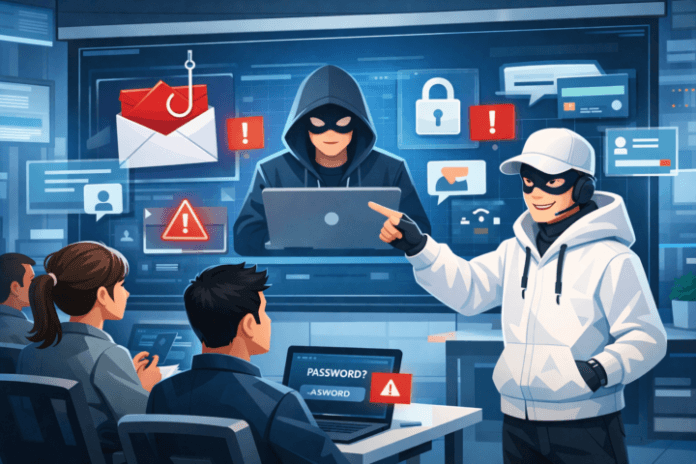 Karyawan mengikuti pelatihan keamanan siber terkait social engineering di ruang kantor modern