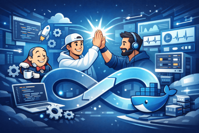 Ilustrasi konsep DevOps yang menunjukkan kolaborasi antara tim pengembangan dan operasi dengan alat Jenkins dan Docker