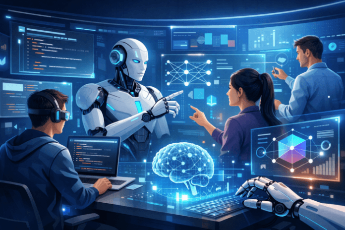 Ilustrasi pengembangan software modern dengan teknologi AI dan interaksi digital
