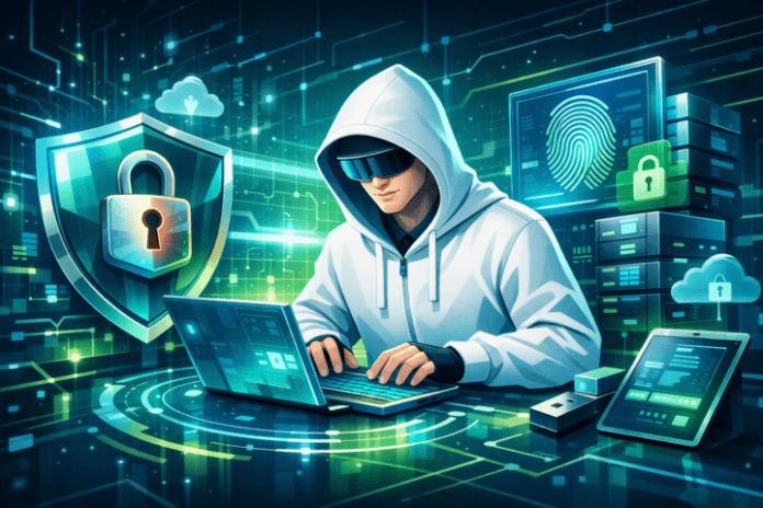 Ilustrasi keamanan siber dan proteksi infrastruktur digital dengan simbol gembok dan jaringan komputer