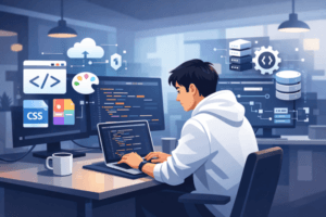 Home Baru 1 Ilustrasi seorang Full Stack Developer sedang coding dengan simbol front-end dan back-end di latar belakang
