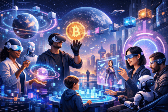 Metaverse: Masa Depan Internet atau Sekadar Hype? Ilustrasi dunia metaverse dengan teknologi VR, AR, AI, dan blockchain serta interaksi pengguna dalam ruang virtual 3D