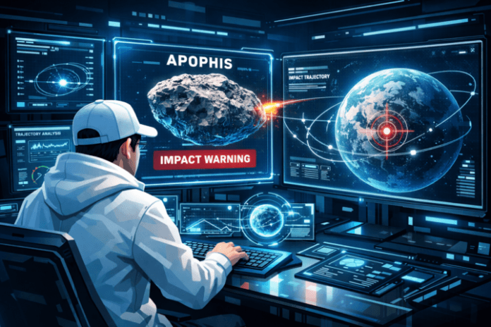Opini: Menyikapi Kedatangan Asteroid Apophis dan Dampaknya bagi Kesadaran Publik Indonesia Featured Image Gambaran digital asteroid Apophis melintas dekat Bumi dengan latar belakang bintang