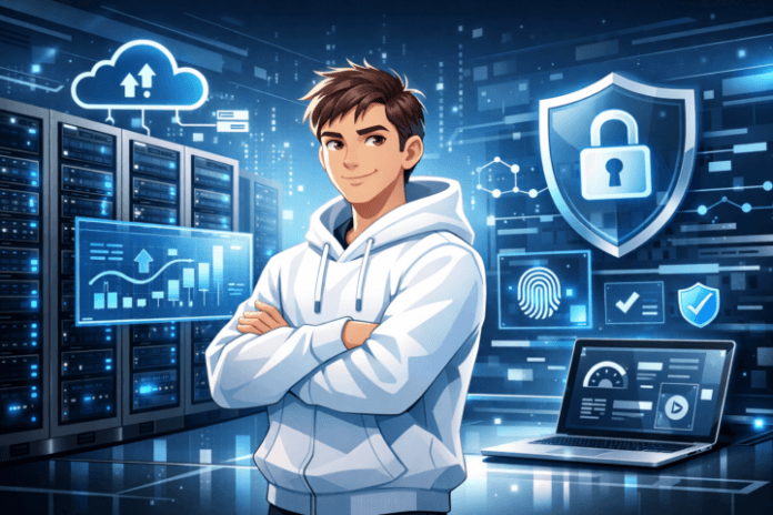 Ilustrasi infrastruktur IT modern dengan server dan ikon cloud computing untuk optimasi kinerja