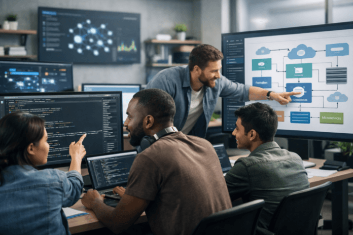 Pengembang sedang bekerja dengan framework modern untuk optimasi koding dan pengembangan aplikasi