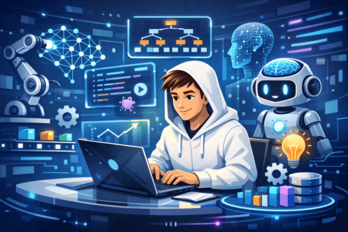 Ilustrasi machine learning meningkatkan pengembangan software dengan algoritma dan otomatisasi