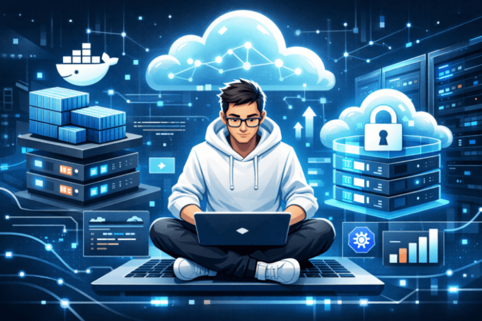 Gambaran pengembangan software modern menggunakan virtualisasi dan teknologi container untuk efisiensi dan keamanan