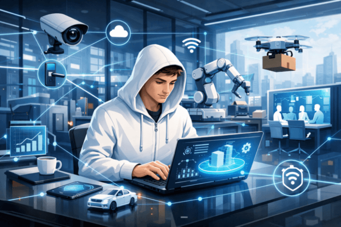 Ilustrasi perangkat IoT terkoneksi dalam transformasi digital bisnis