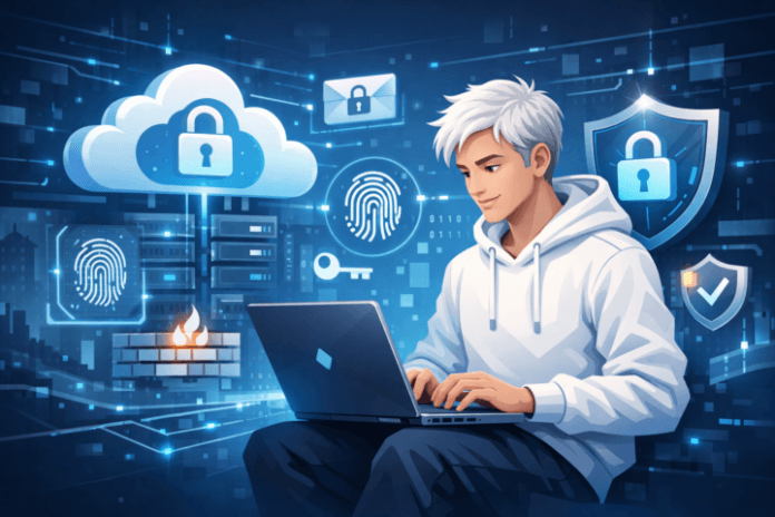 Ilustrasi keamanan cloud bagi pengembang IT dengan simbol proteksi data dan pengelolaan akses