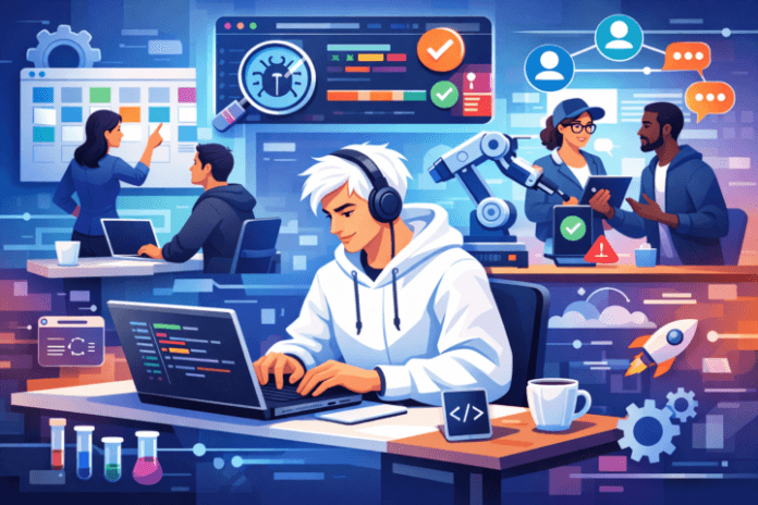 Tim pengembang tengah bekerja dalam proses pengembangan software modern dengan elemen coding dan perencanaan