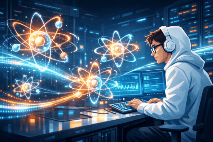 Ilustrasi konsep pengolahan data komputer hemat energi menggunakan getaran atom