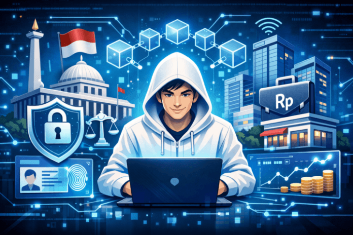 Ilustrasi penerapan teknologi blockchain di sektor publik dan swasta Indonesia dengan simbol keamanan dan jaringan digital.