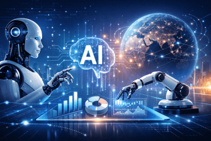 Ilustrasi teknologi kecerdasan buatan yang mengubah revolusi digital di tahun 2030